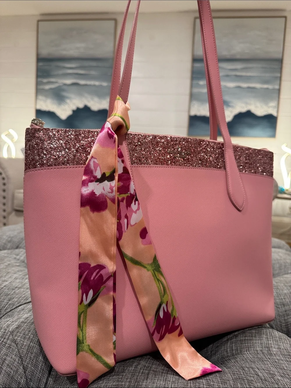 Kate Spade New York Bag Flash Glitter Pink Large Glitter-Trim Tote - Picture 3 of 17